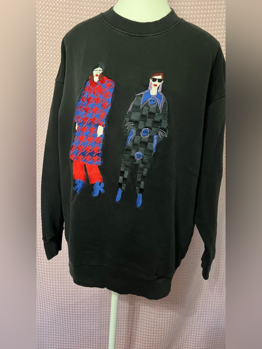 Zara Black Crewneck Sweater with Colorful Embroidered Figures
